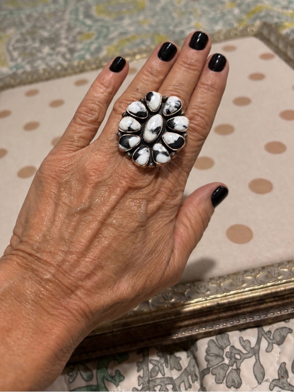 Big White Buffalo Turquoise Cluster Ring set in Copper